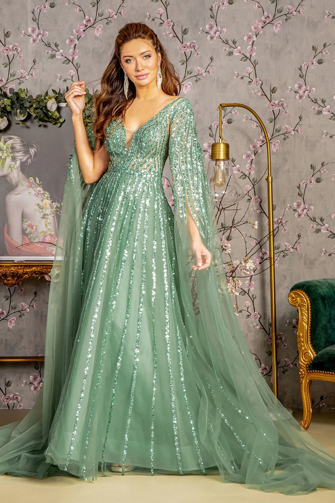 Embellished Cape Sleeve A-line Gown by GLS Gloria GL3494