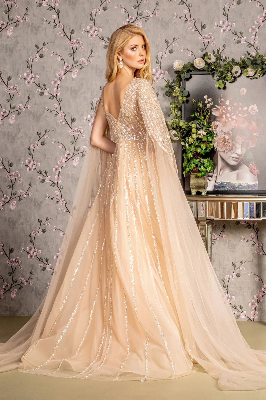 Embellished Cape Sleeve A-line Gown by GLS Gloria GL3494