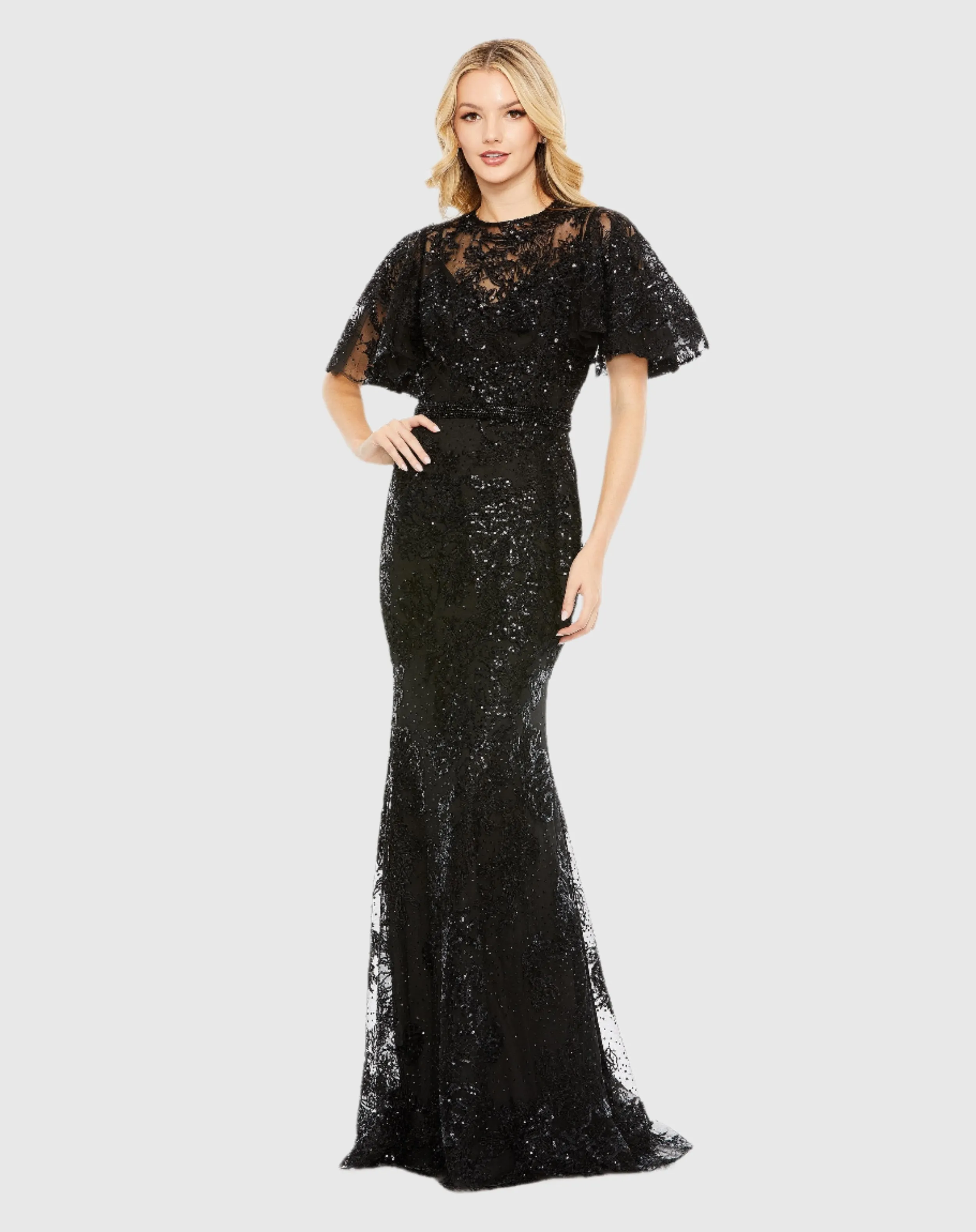 Embellished Flutter Sleeve High Neck Gown