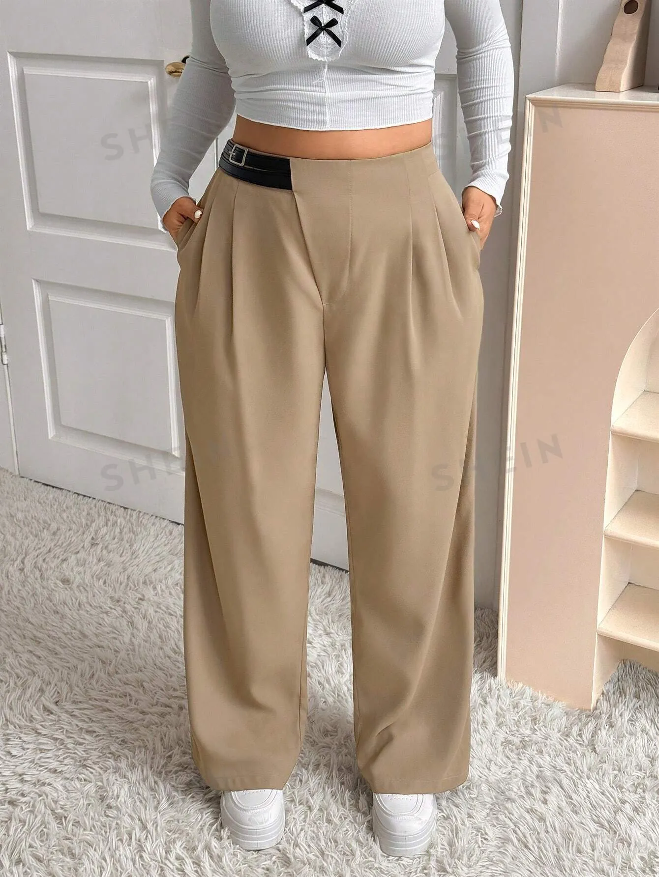 EZwear Plus Size Women High Waist Tie-Up Asymmetrical Waist Line Straight Leg Trousers, Autumn/Winter