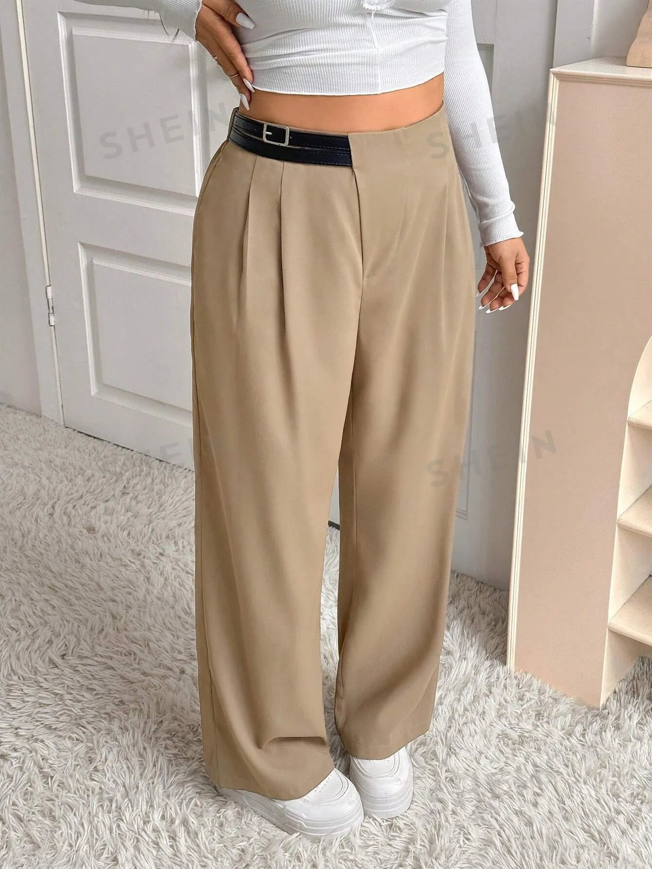 EZwear Plus Size Women High Waist Tie-Up Asymmetrical Waist Line Straight Leg Trousers, Autumn/Winter