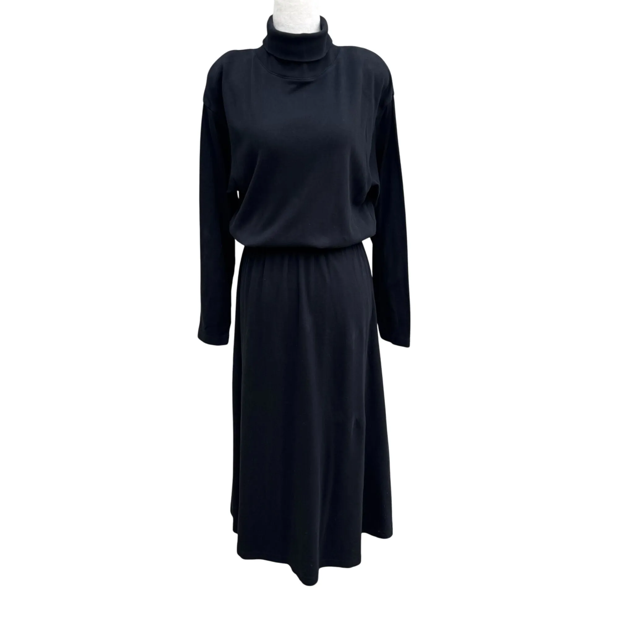 FADS Vintage Womens Black Long-Sleeve Turtleneck Elastic Waist Goth Midi Dress L