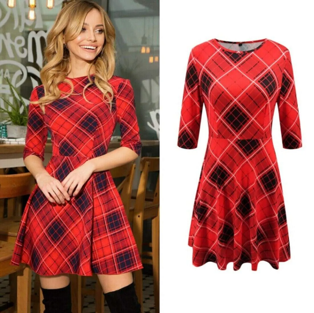 FashionSierra - Summer Women Boho Plaid Check Midi Dress Ladies Elegant Formal Party Beach Wrap Casual Bodycon Round Neck Dress