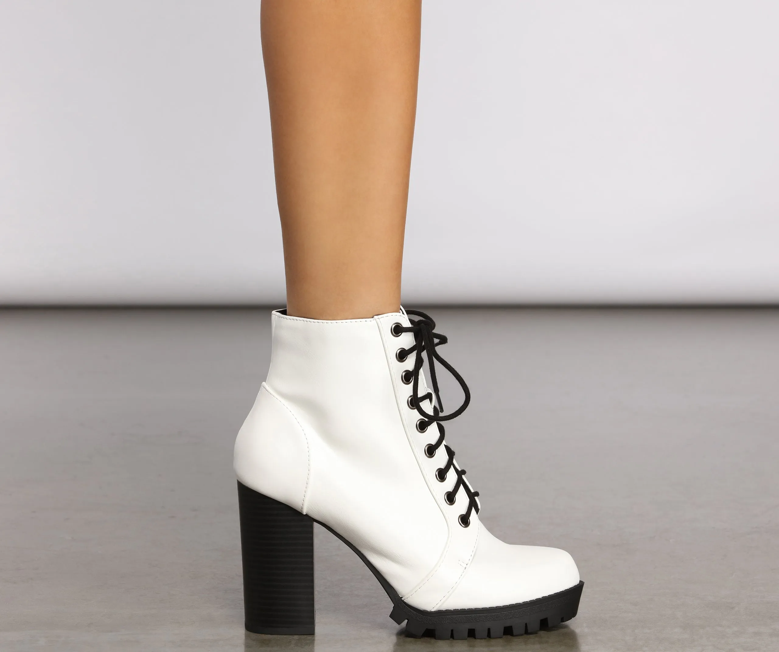 Faux Leather Lace Up Lug Booties