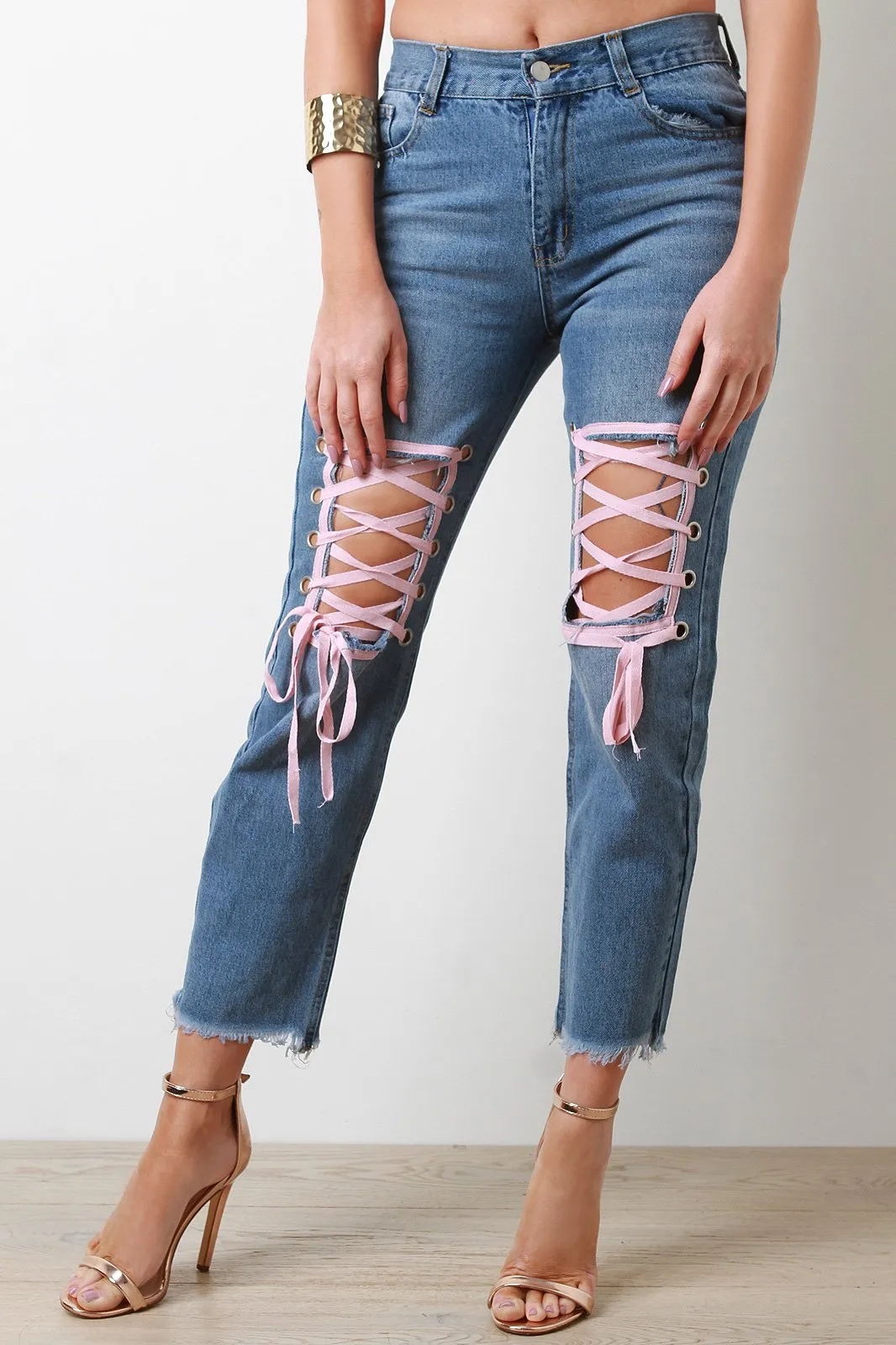 Frayed Denim Lace Up High Waist Jeans