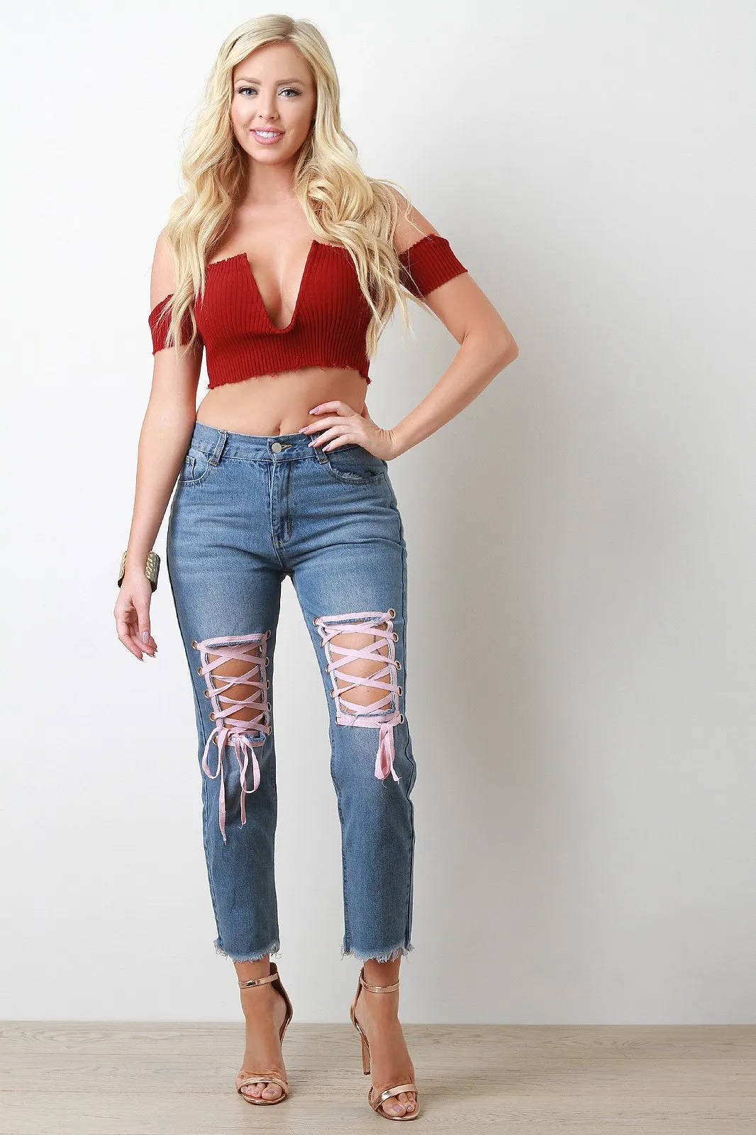 Frayed Denim Lace Up High Waist Jeans