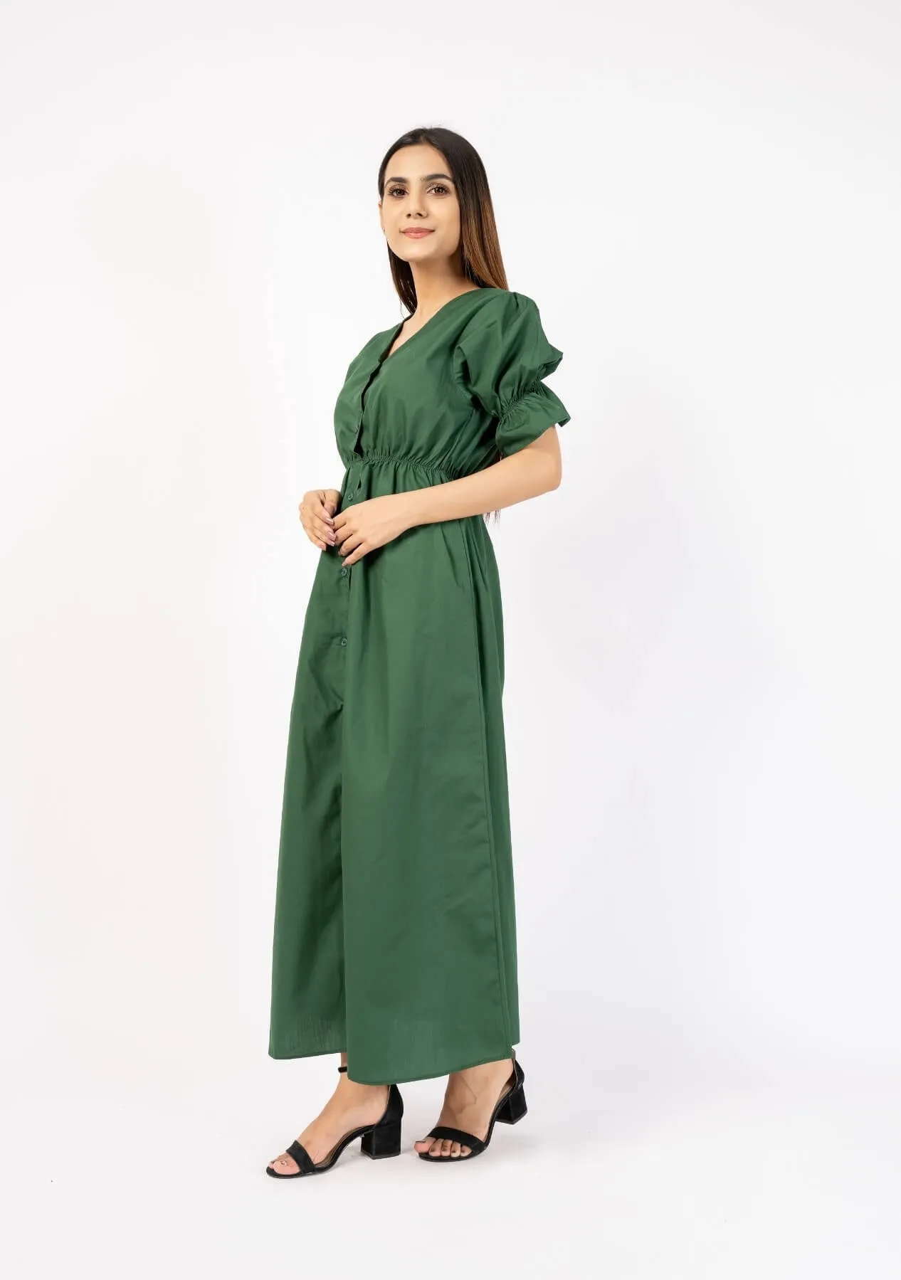 Front Button Maxi Dress - bottle green