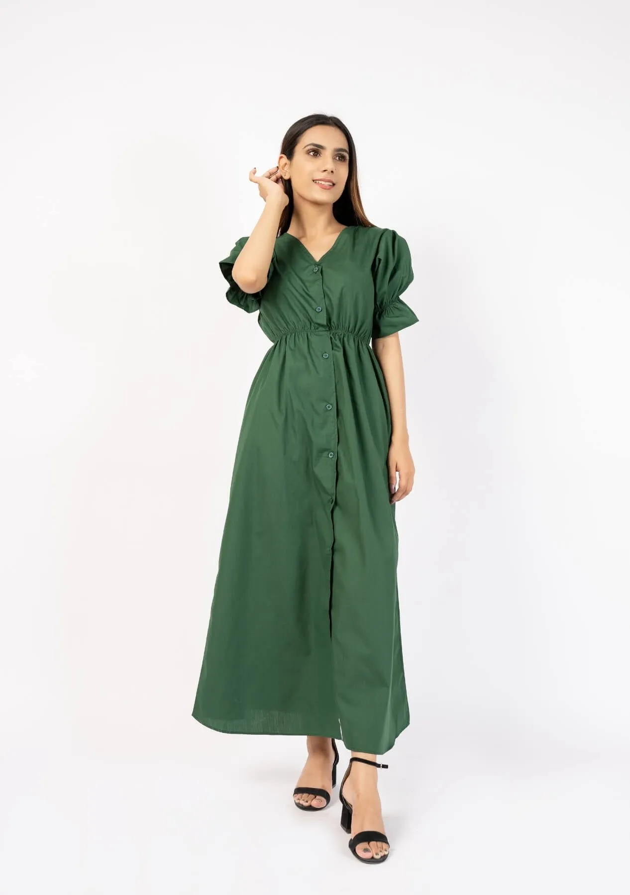 Front Button Maxi Dress - bottle green