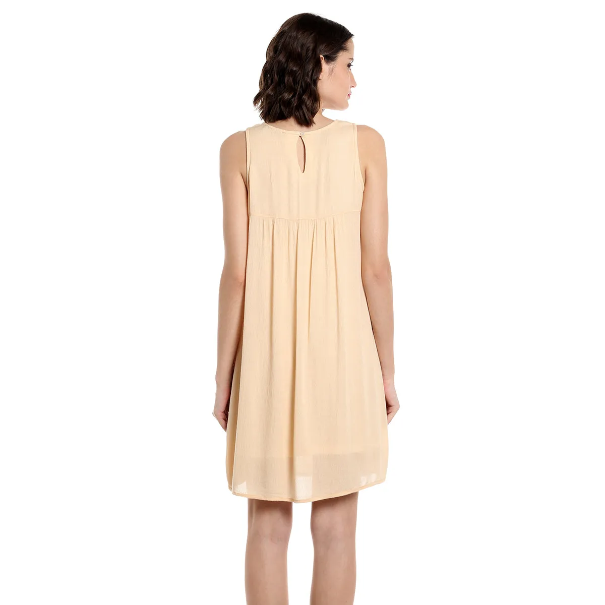 Front Embroidery Beige Flared Dress