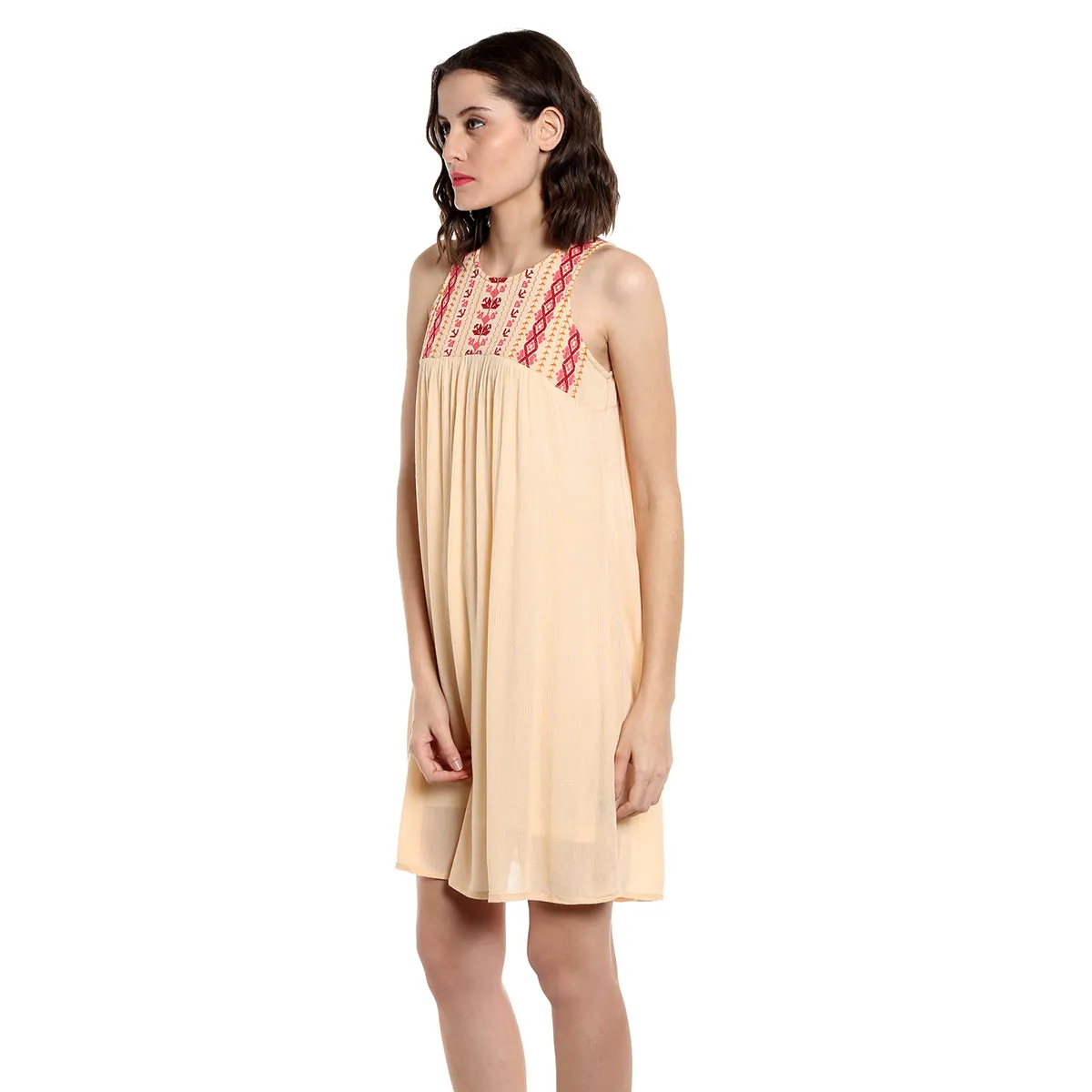 Front Embroidery Beige Flared Dress