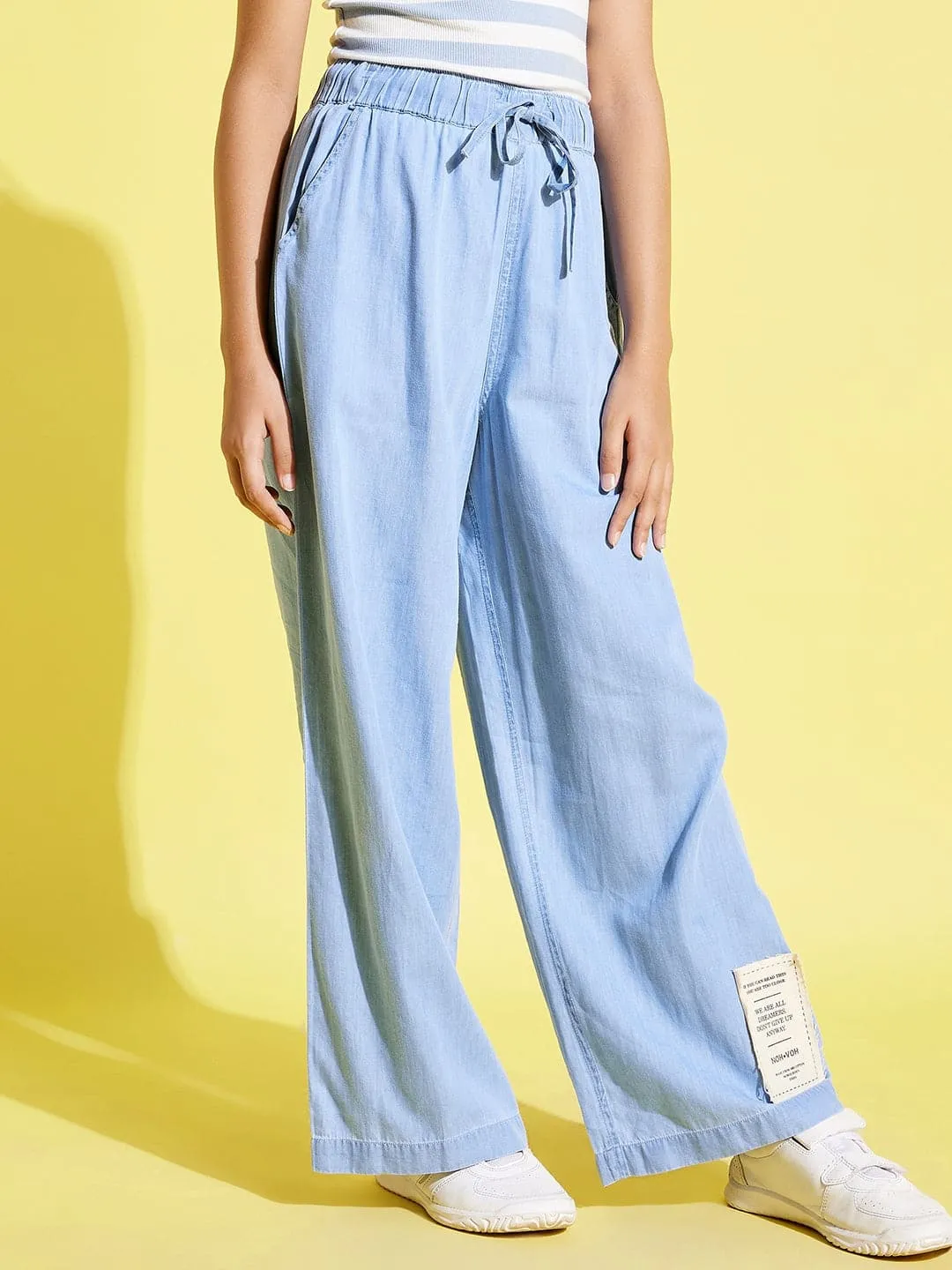 Girls Ice Blue Tencel Wide Leg Drawstring Pants