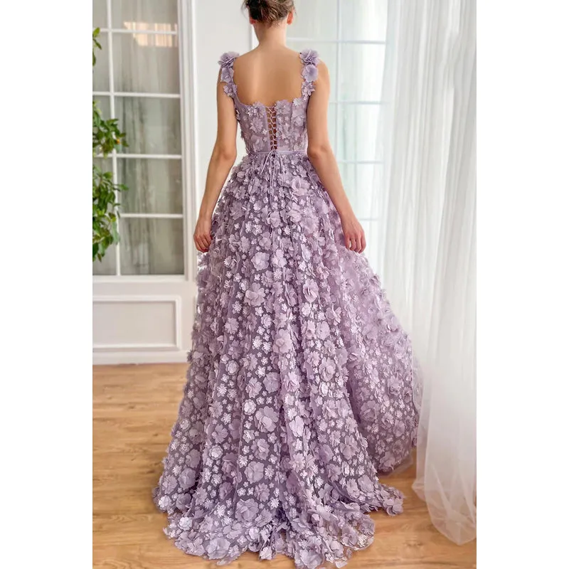 Glamorous & Dramatic Straps Square A-line Formal Party Prom Dress With Flower