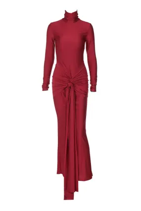 Glamorous Turtleneck Ruched Tie Front Draped Bodycon Formal Maxi Dress