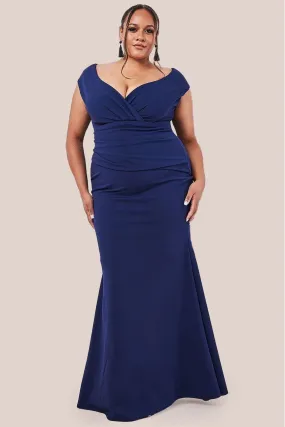 Goddiva Plus Bardot Pleated Maxi Dress - Navy