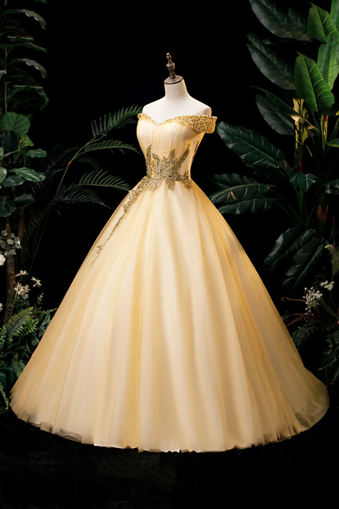 Gold Floor Length Tulle Beading Formal Dress, Lovely Off the Shoulder Evening Party Dress