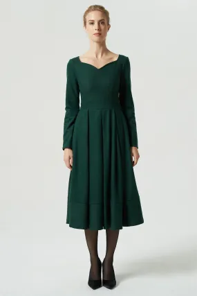 Green dress, wool dress, midi dress, pleated dress, long dress, winter dress, women dress 1993