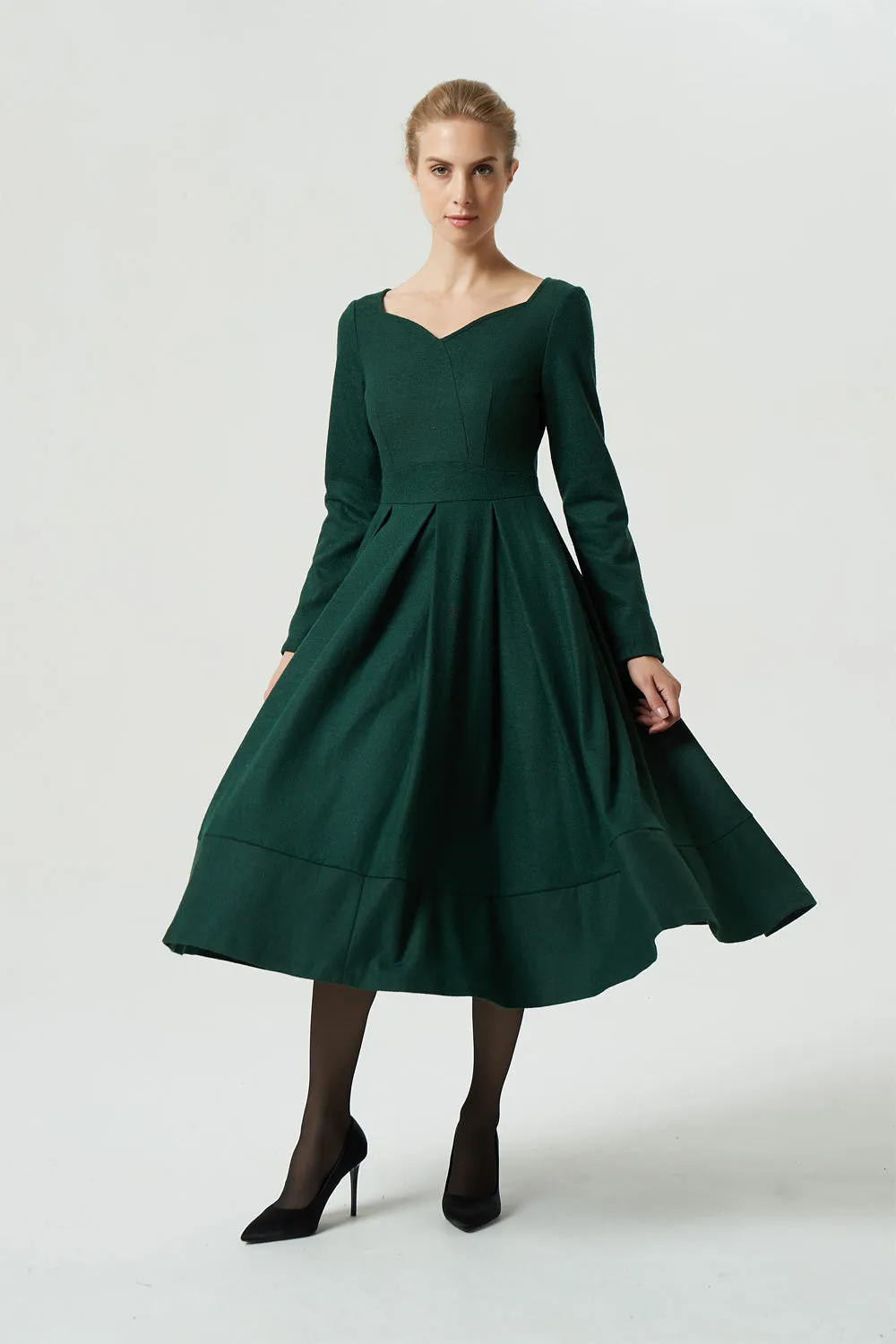 Green dress, wool dress, midi dress, pleated dress, long dress, winter dress, women dress 1993