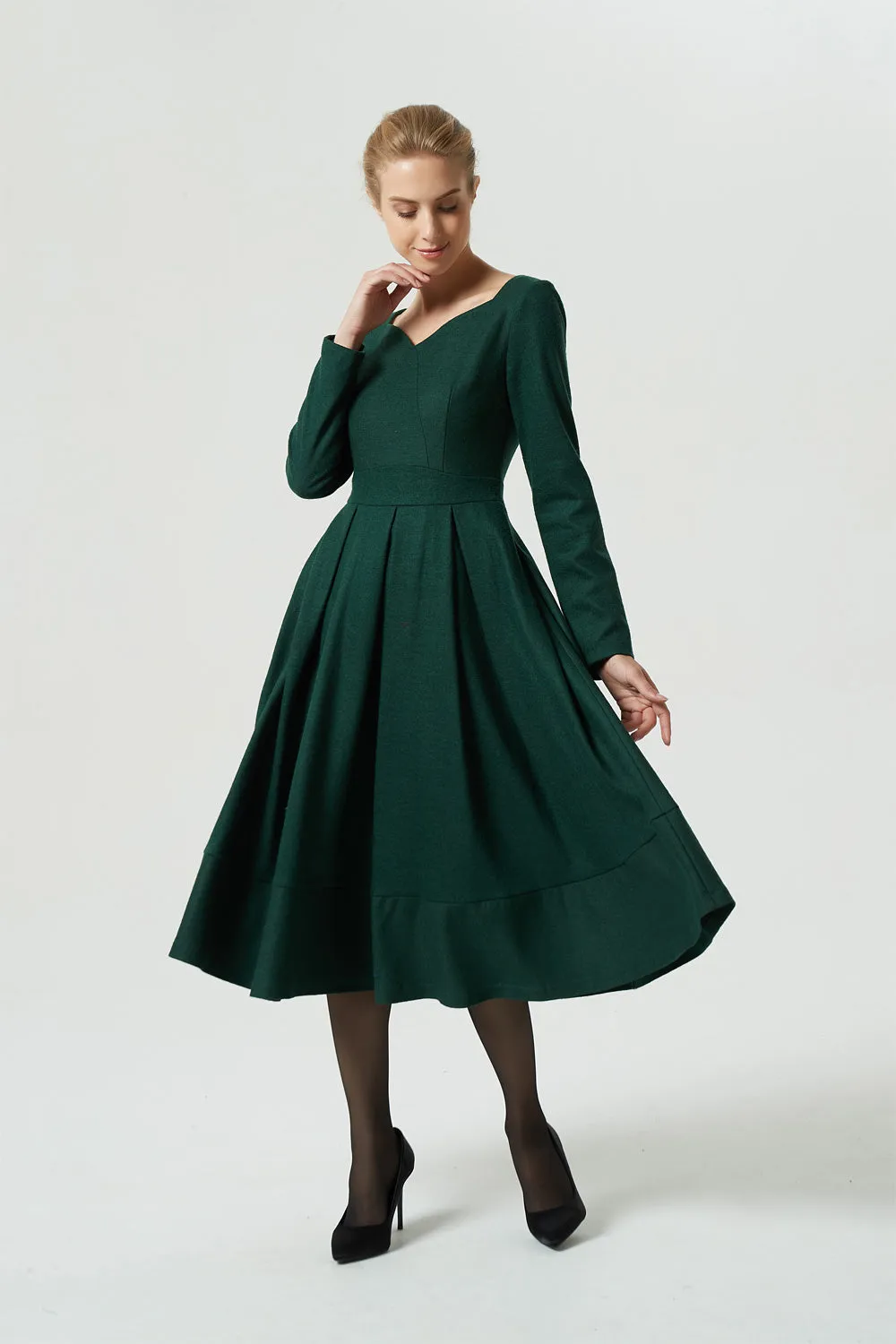 Green dress, wool dress, midi dress, pleated dress, long dress, winter dress, women dress 1993