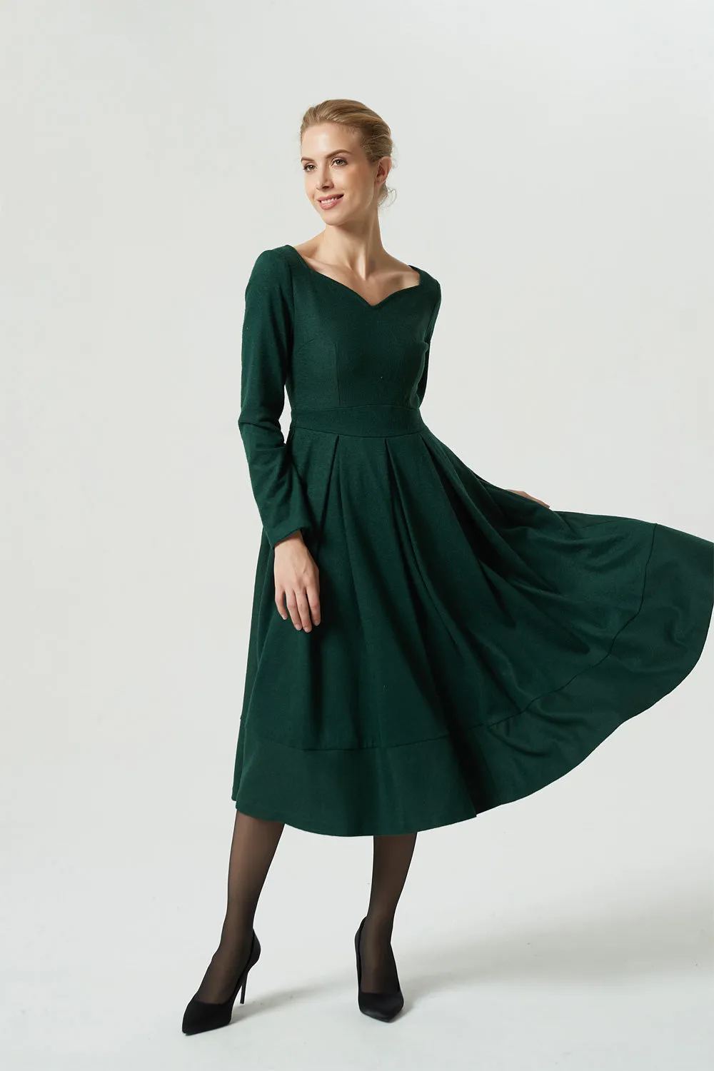 Green dress, wool dress, midi dress, pleated dress, long dress, winter dress, women dress 1993