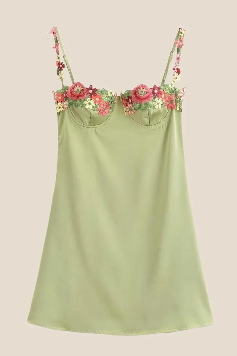 Green Floral Embroidery Short Princess Dress