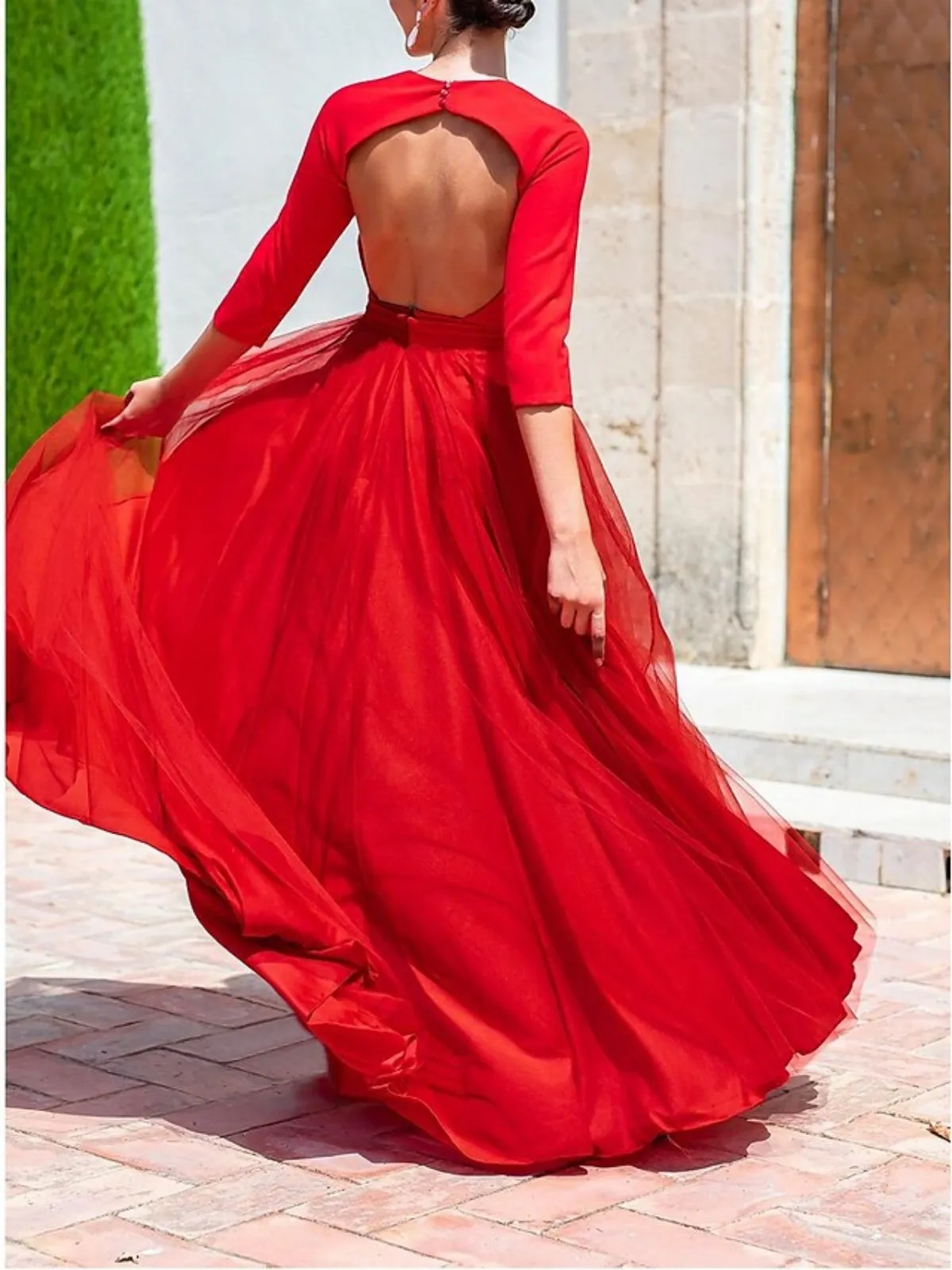 Half Sleeves Red Long Prom Dresses with High Slit, Long Red Formal Evening Dresses