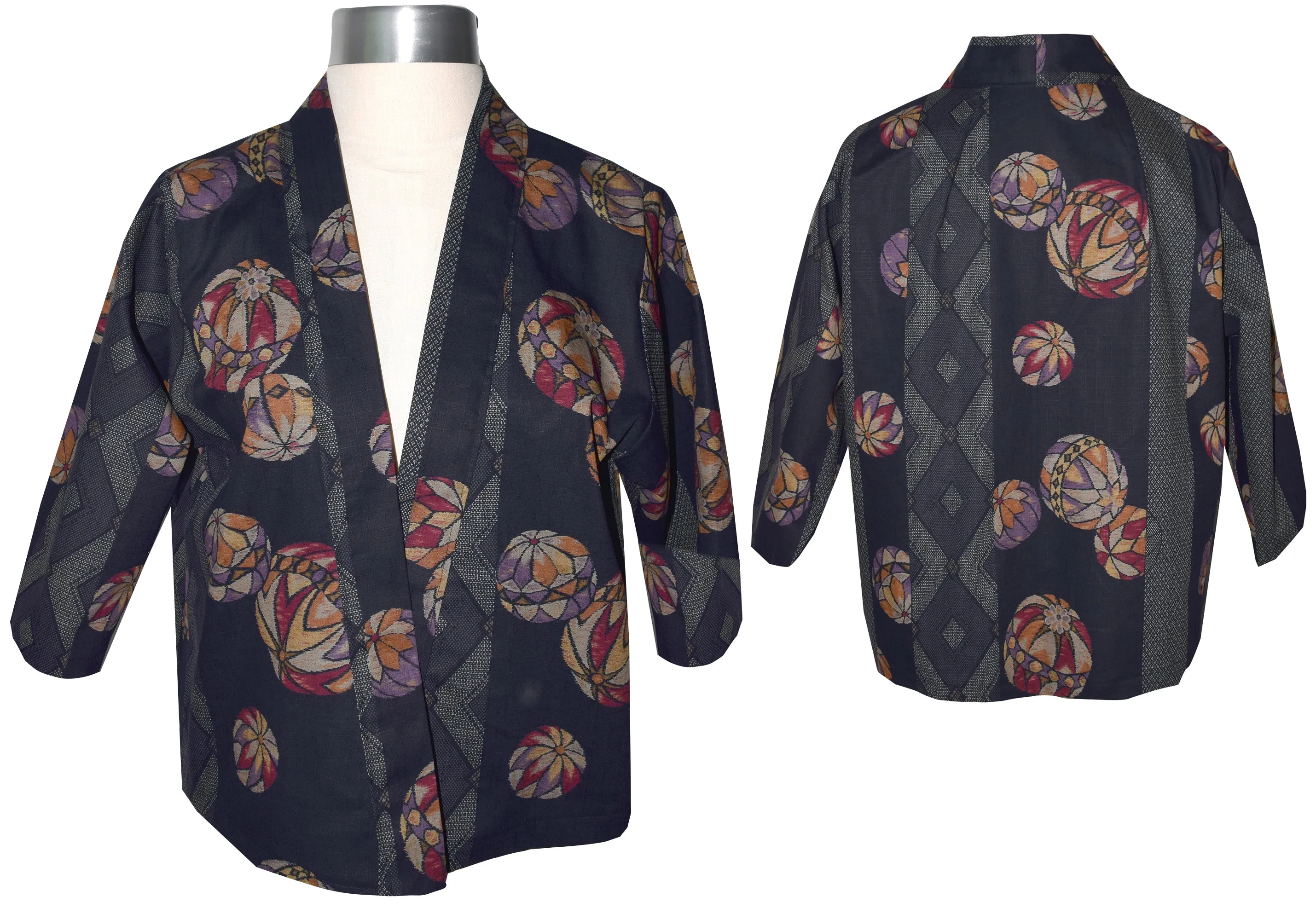 Handcrafted Navy Asian Print Cotton Kimono Style Jacket