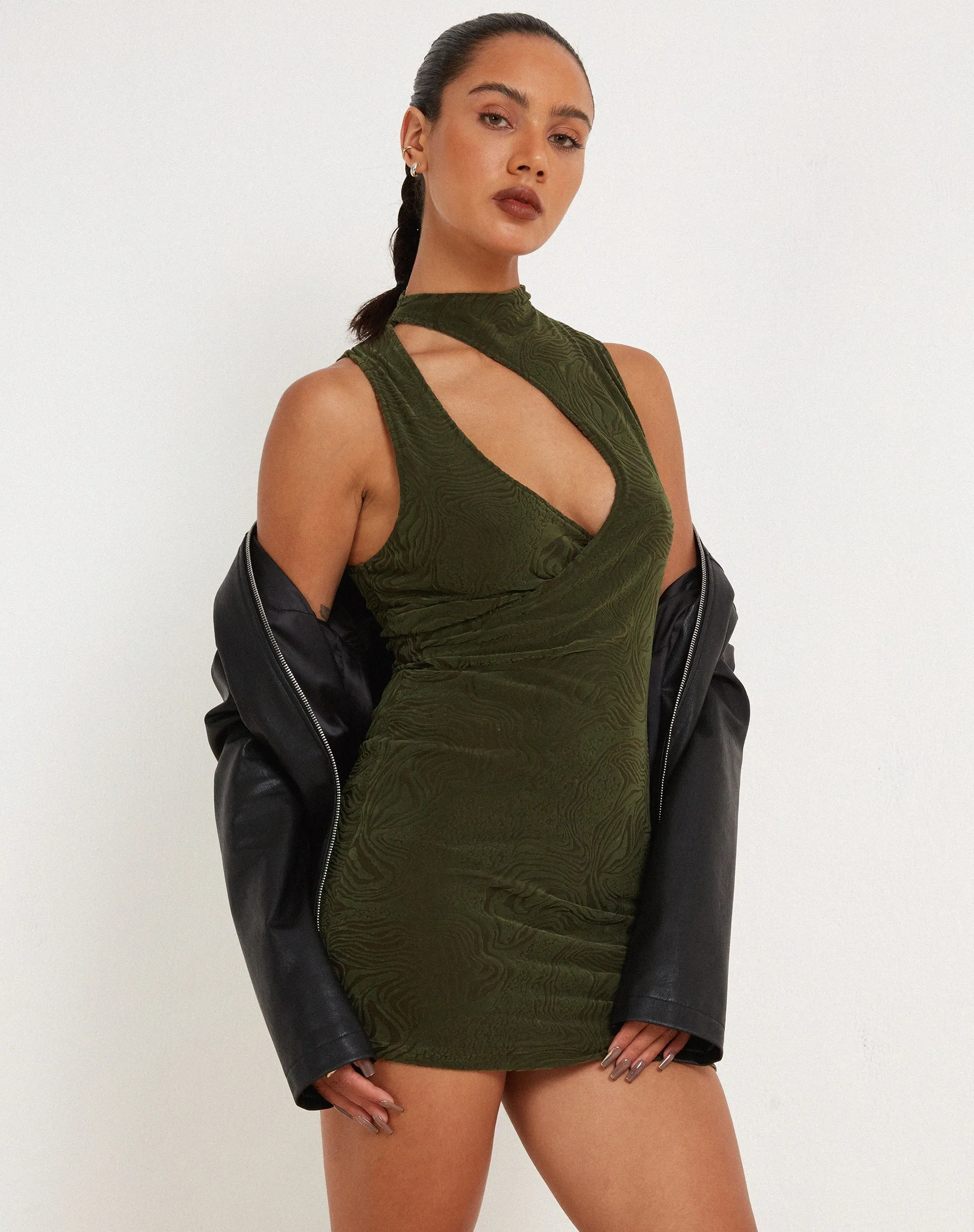 Hertika Mini Dress in Mixed Animal Flock Khaki