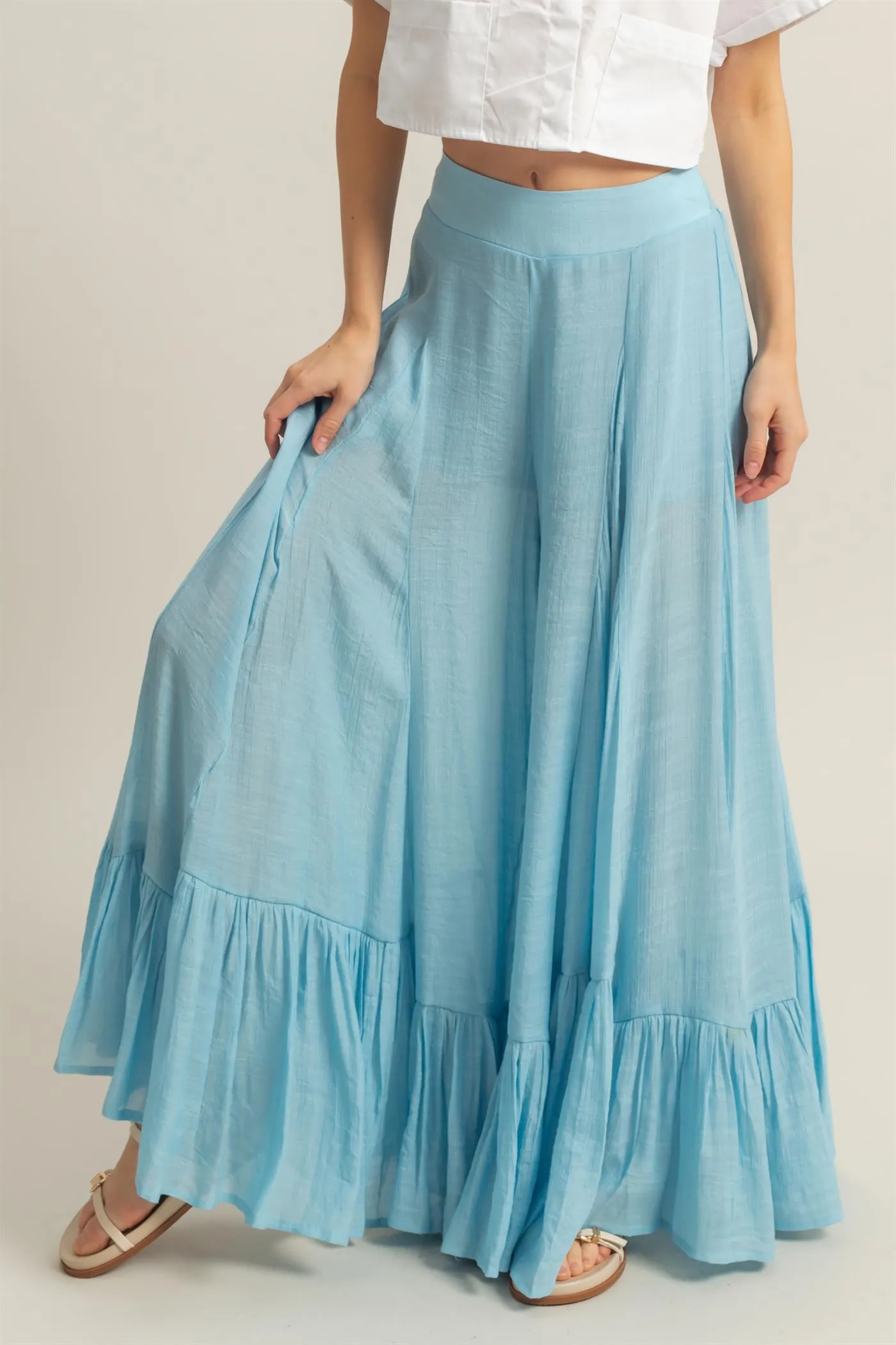 HF25A842-High-Waist Ruffle Flared Wide Leg Pants