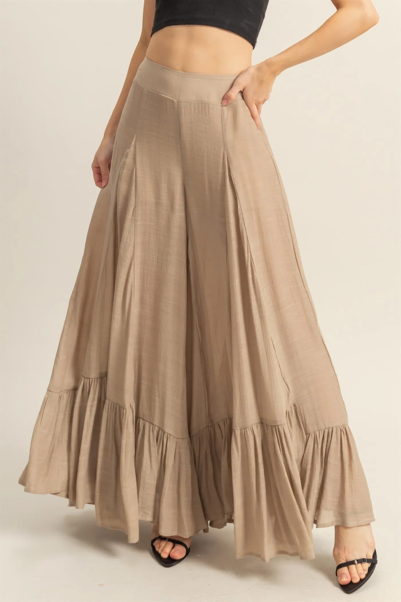 HF25A842-High-Waist Ruffle Flared Wide Leg Pants