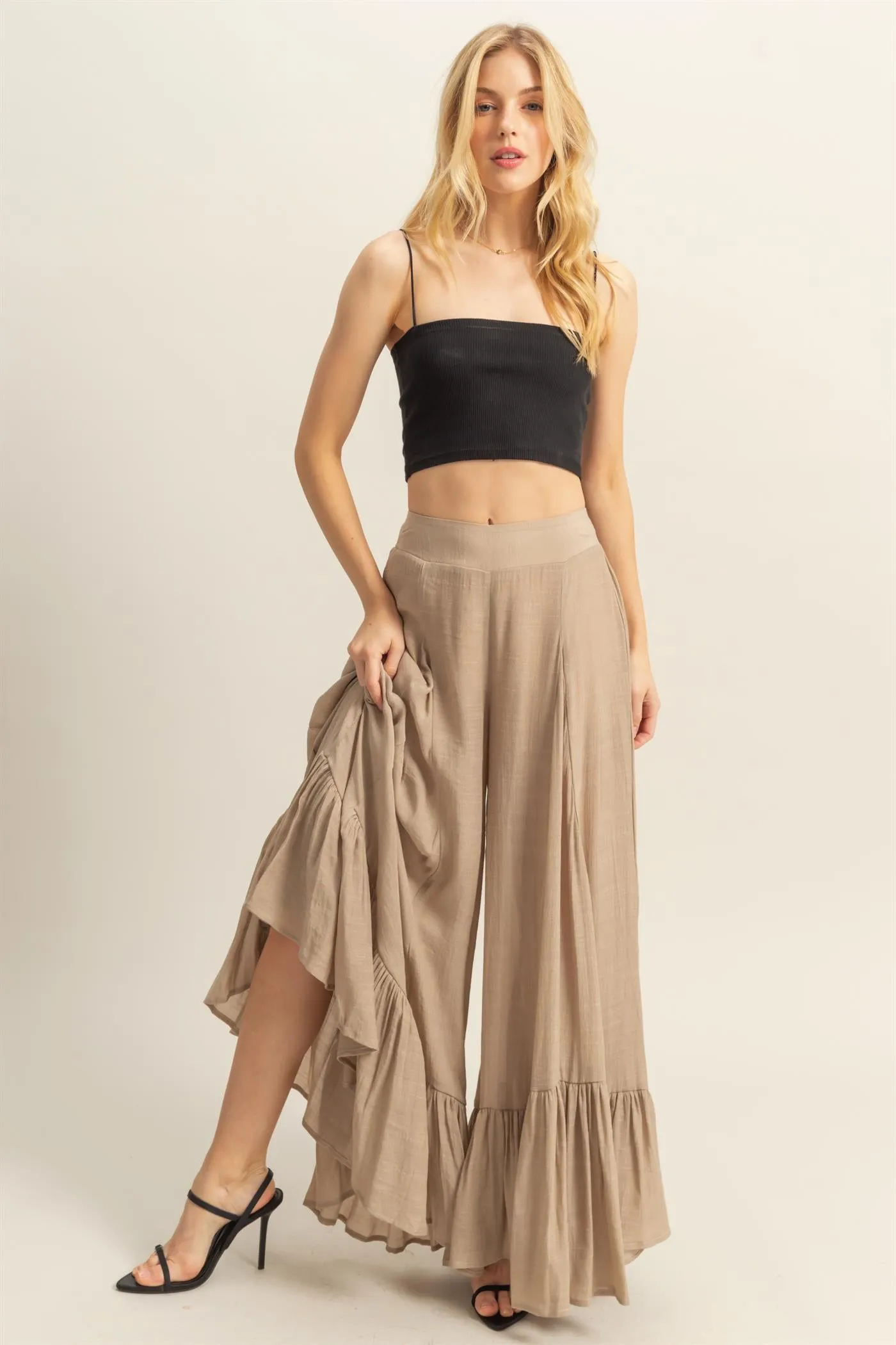 HF25A842-High-Waist Ruffle Flared Wide Leg Pants