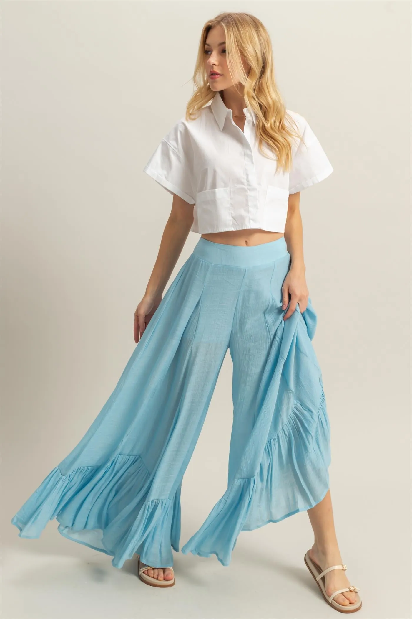 HF25A842-High-Waist Ruffle Flared Wide Leg Pants