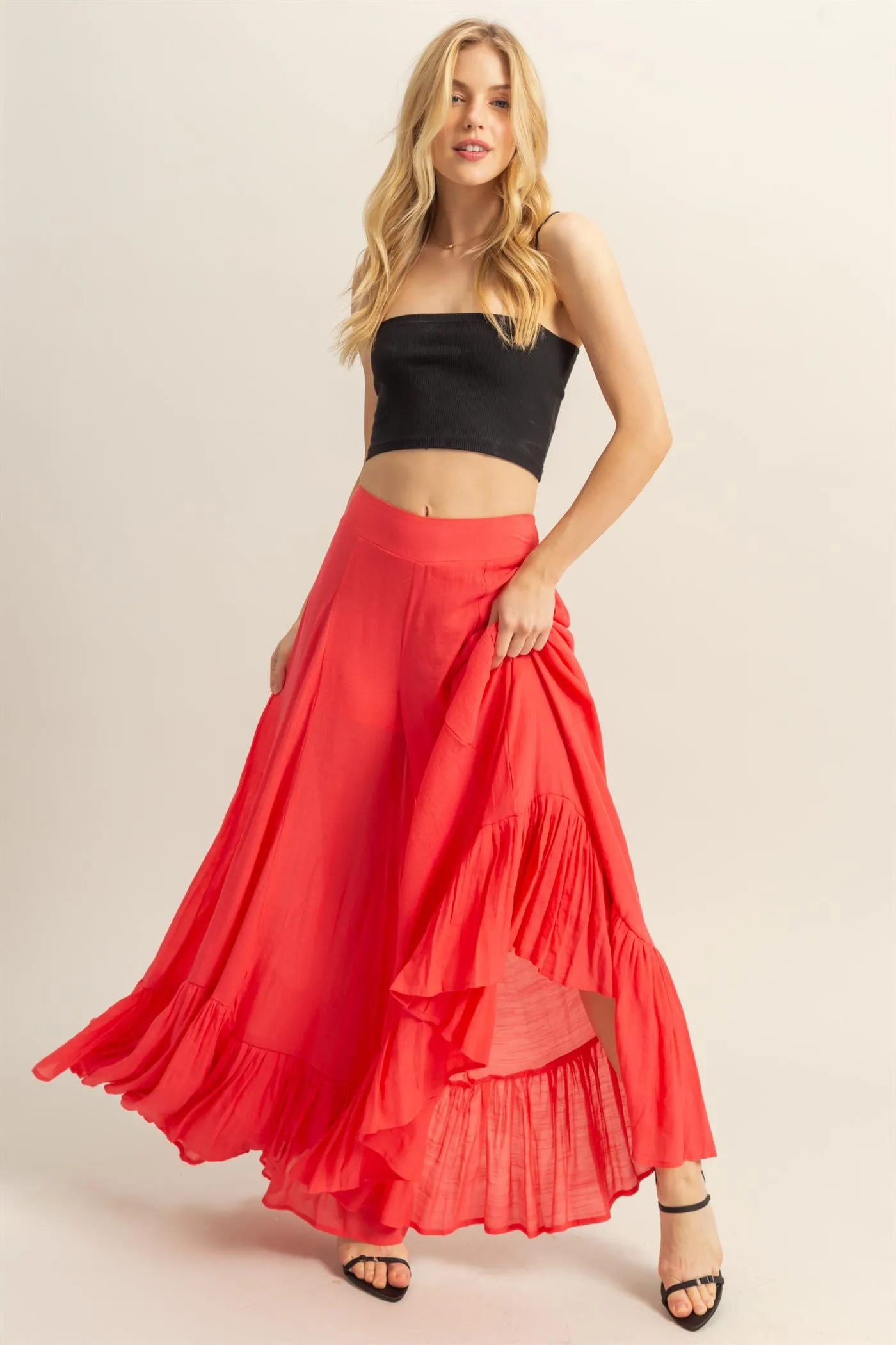 HF25A842-High-Waist Ruffle Flared Wide Leg Pants