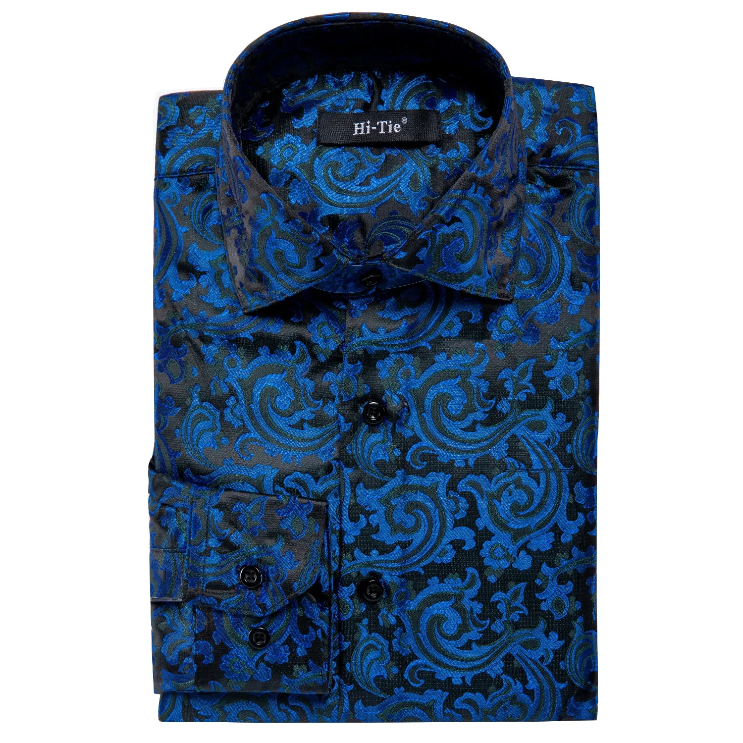 Hi-Tie Dark Blue Wedding Men's Top Black Paisley Button Down Shirt