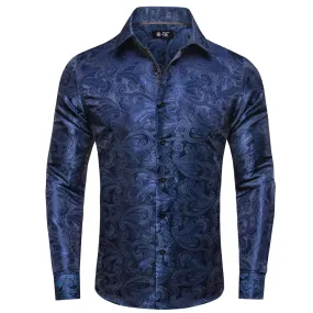 Hi-Tie Dark Midnight Blue Floral Pattern Silk Mens Long Sleeve Shirt