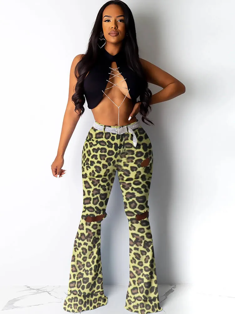 High Waist Cut Out Printed Flare Pants