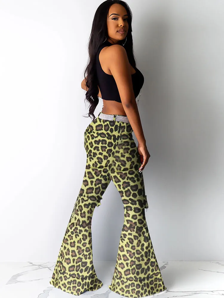 High Waist Cut Out Printed Flare Pants