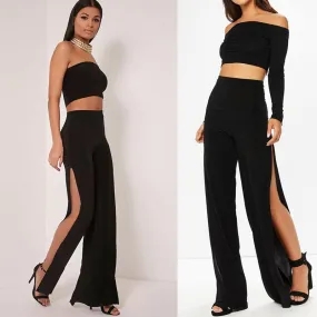 HIGH WAIST - WIDE LEG HIGH SLIT PANTS