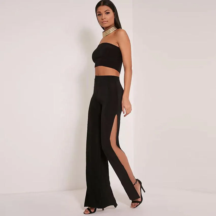 HIGH WAIST - WIDE LEG HIGH SLIT PANTS