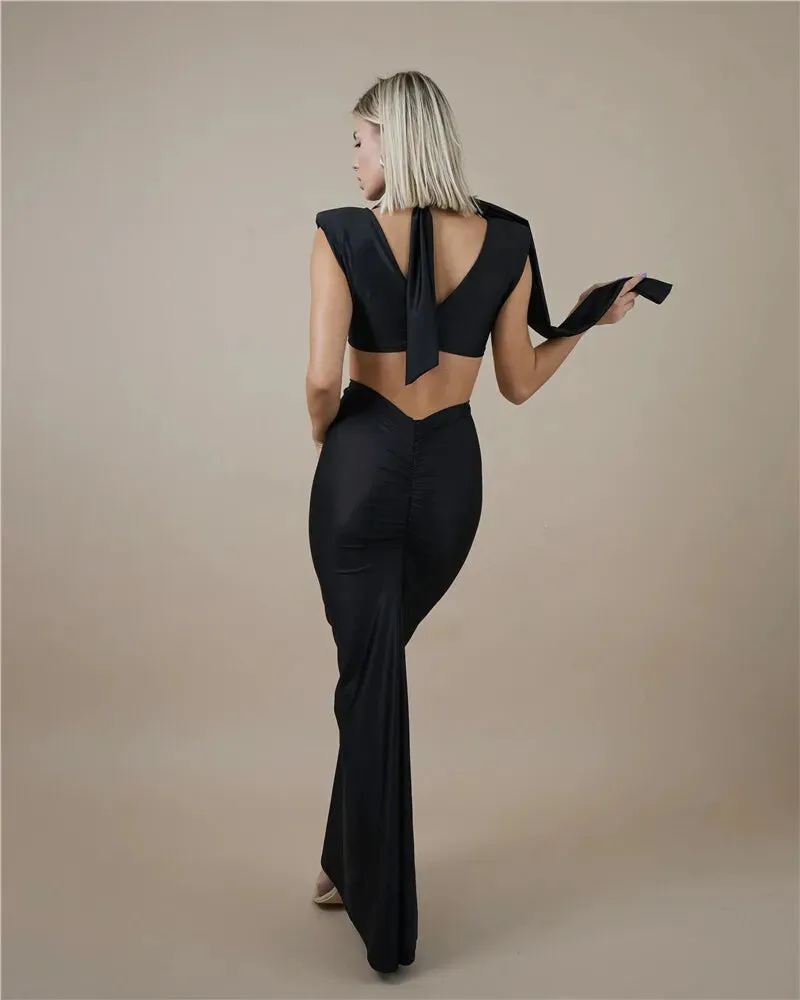 Hollow Out Turtleneck Solid Maxi Dress