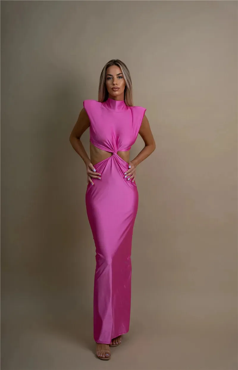 Hollow Out Turtleneck Solid Maxi Dress