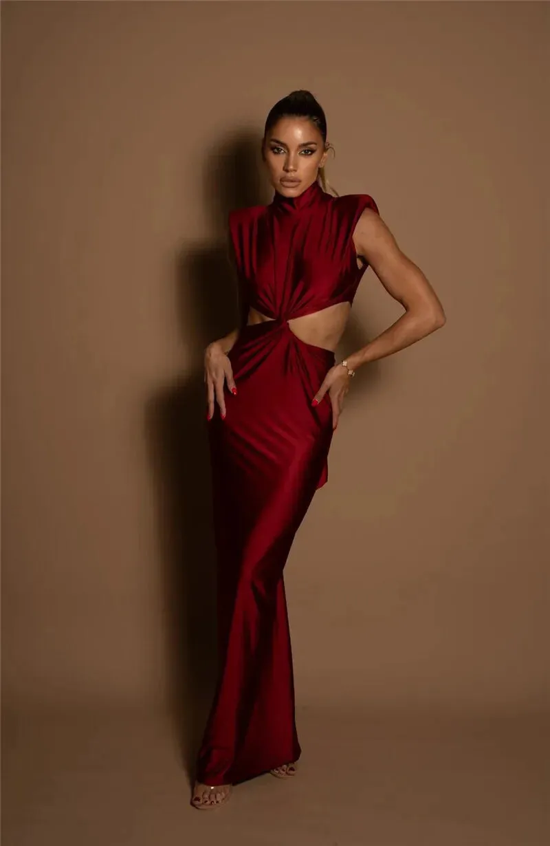 Hollow Out Turtleneck Solid Maxi Dress