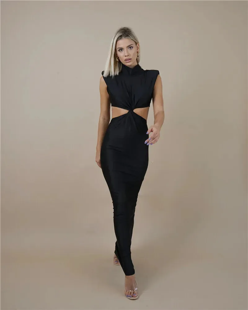 Hollow Out Turtleneck Solid Maxi Dress