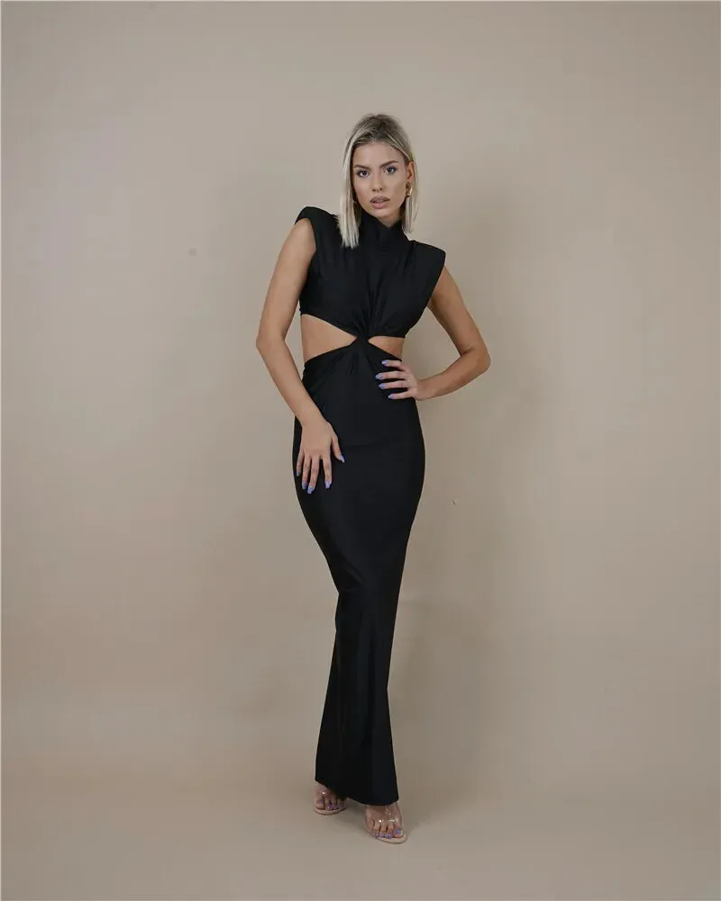 Hollow Out Turtleneck Solid Maxi Dress