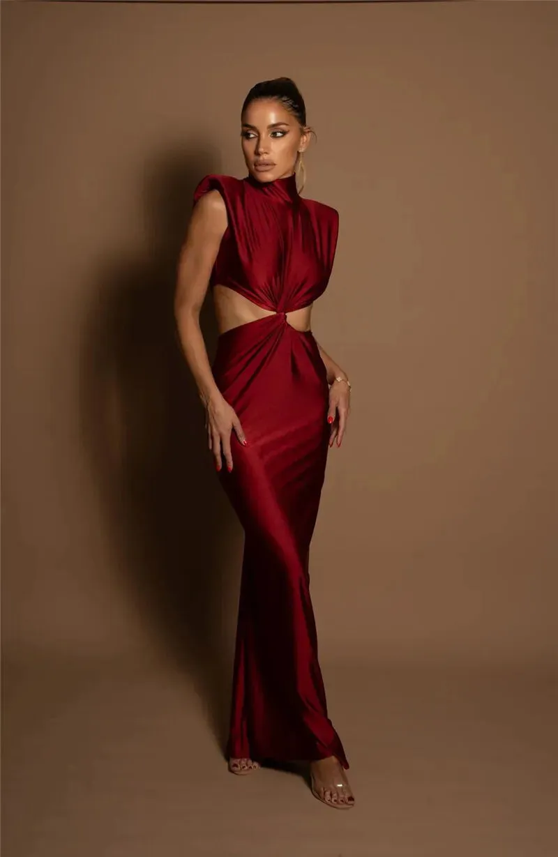 Hollow Out Turtleneck Solid Maxi Dress