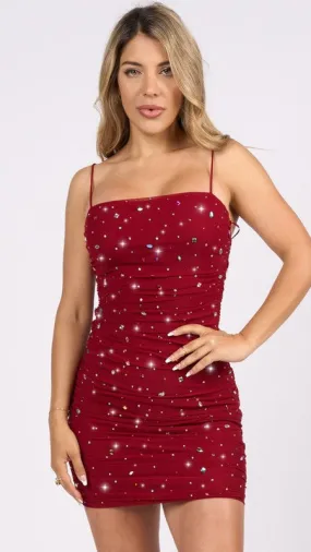 Jeweled Rhinestone Mesh Mini Dress