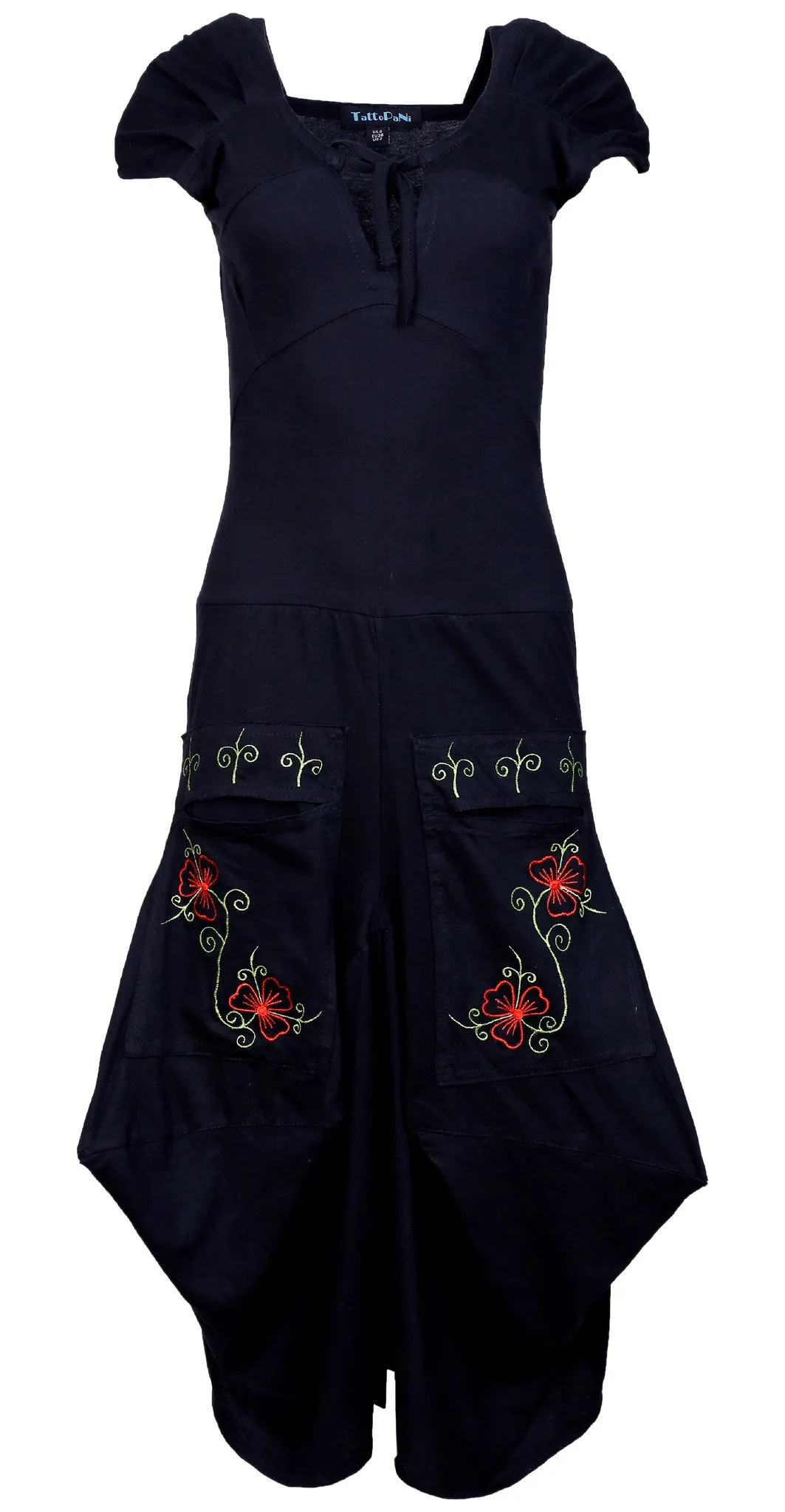 ladies-short-sleeved-calf-length-dress-with-flower-embroidery-printed-on-pockets