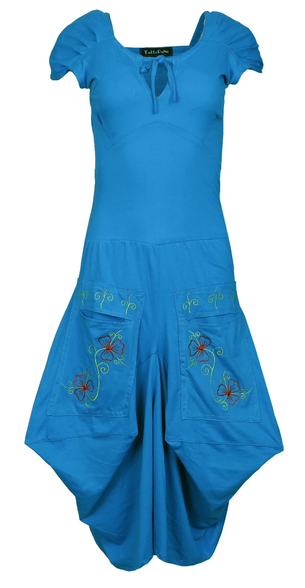 ladies-short-sleeved-calf-length-dress-with-flower-embroidery-printed-on-pockets