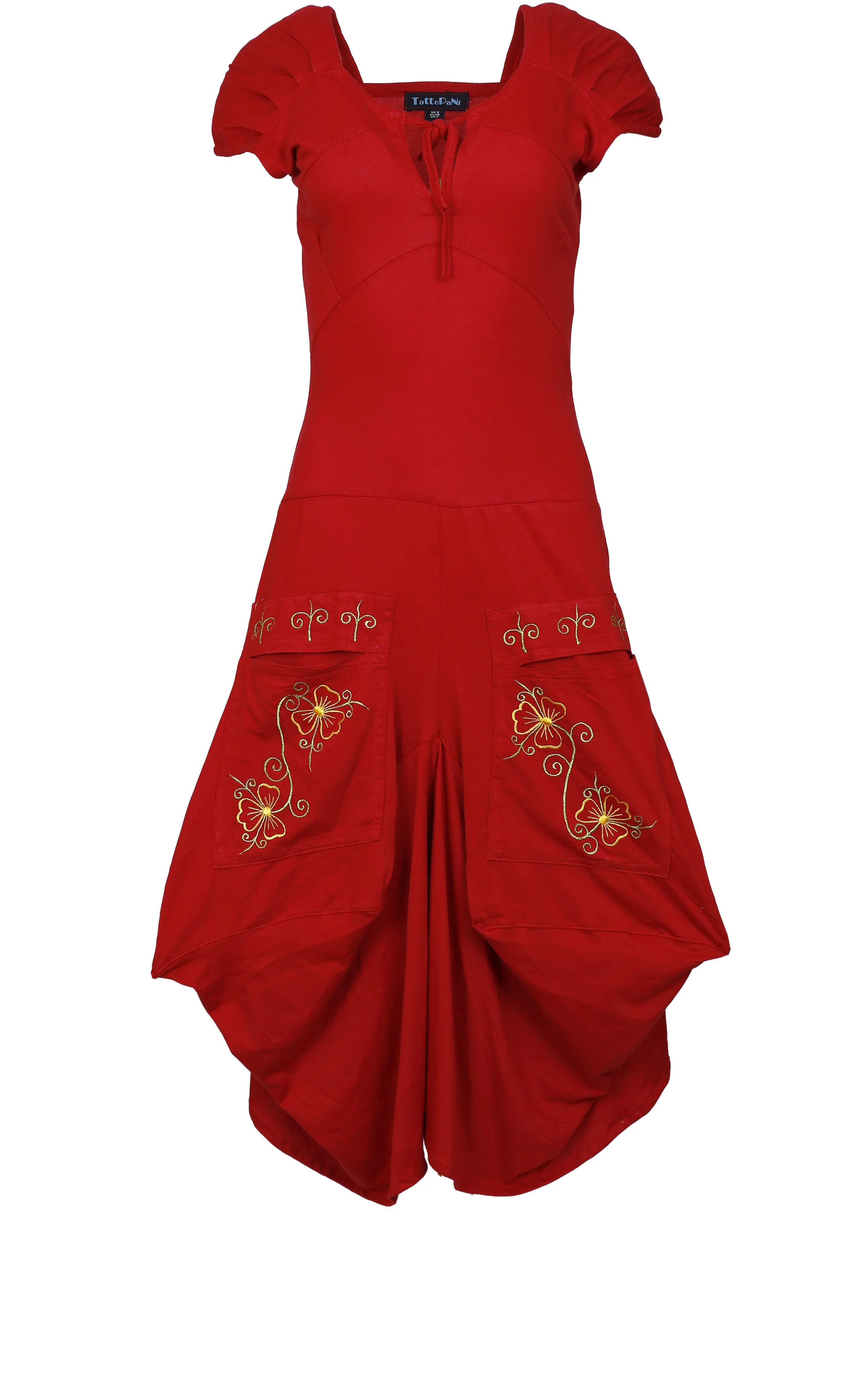 ladies-short-sleeved-calf-length-dress-with-flower-embroidery-printed-on-pockets