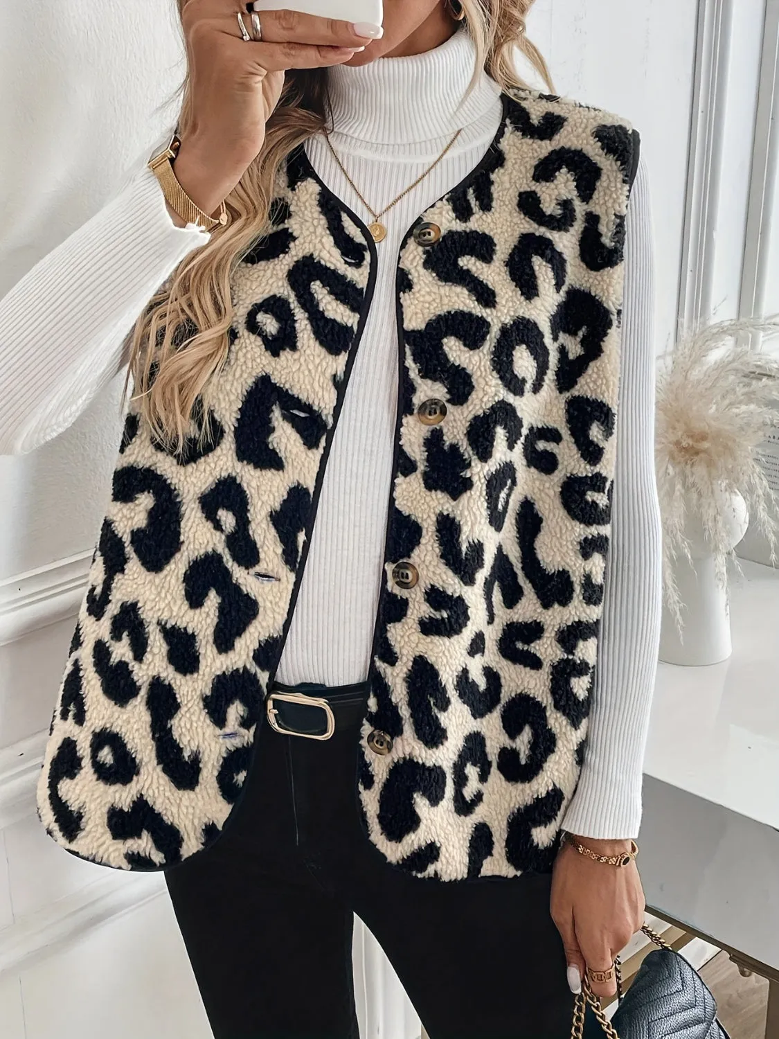 Leopard Button Up Sherpa Vest | Winter Fashion | Outerwear