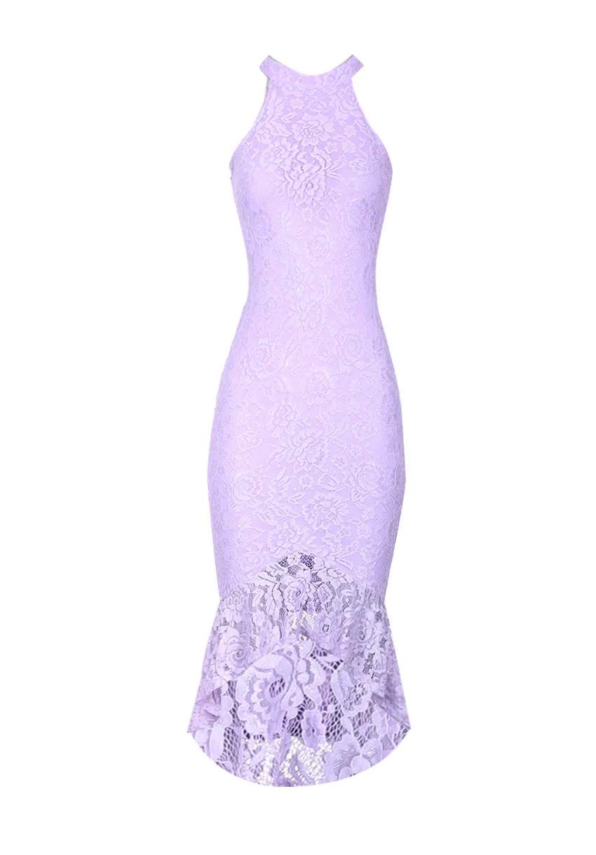 Lilac Lace Choker Neck Fishtail Hem Bodycon Dress